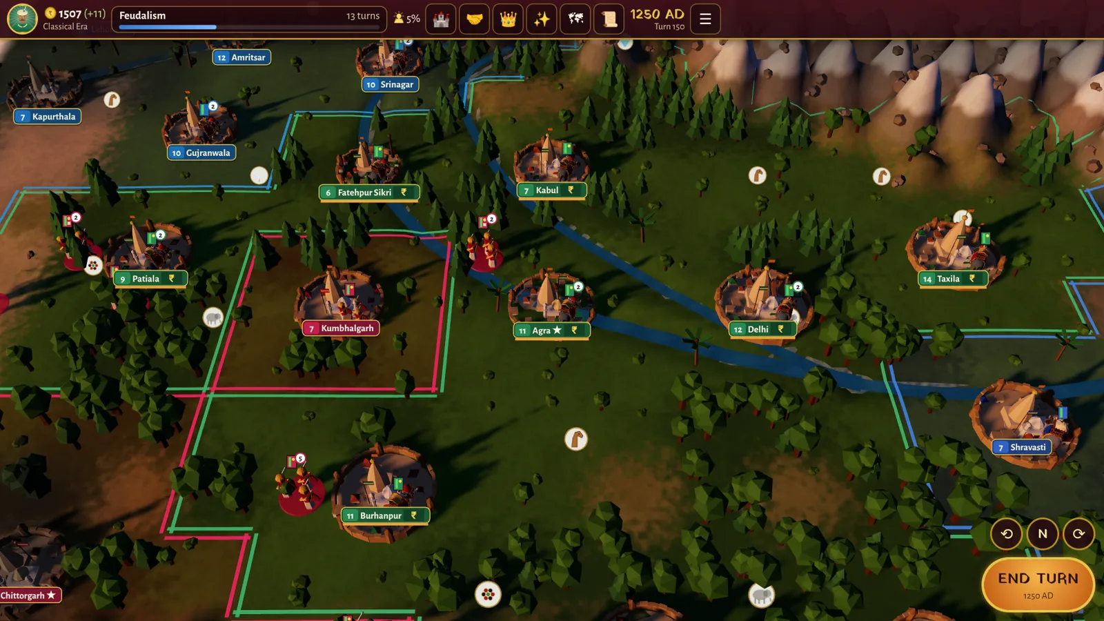 A Mughal empire in 1250 AD: walled cities along a river, borders, forests and armies on a 3D map